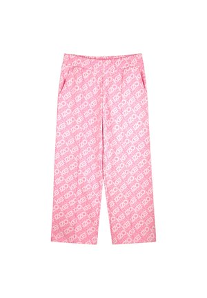 Pink wide-leg trousers featuring a repeated white logo pattern, with a smooth fabric texture and two side pockets.