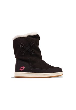 Black winter boot with white fur lining, decorative black buttons, thick white sole, and pink logo on heel, shown on white background.