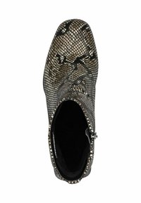 Snake-print ankle boot in shades of brown and black, featuring a textured upper, smooth interior lining, and a side zipper detail.