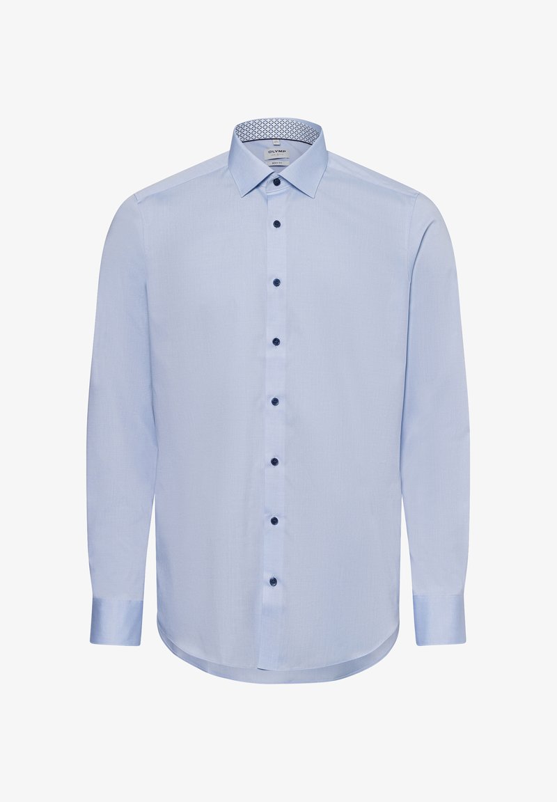 Hellblaues Langarmshirt aus glattem Stoff, mit einer knöpfbaren Front in Dunkelblau und einem gemusterten Innenkragen.