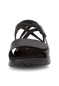 Sandalo nero con design a fascia incrociata, materiale in pelle morbida, soletta imbottita e suola testurizzata, dotato di chiusura regolabile per una vestibilità ottimale.