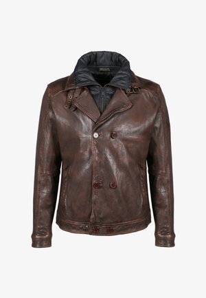 Giacca di pelle marrone con design doppiopetto, colletto imbottito nero e bottoni abbinati. Texture liscia con dettagli di cucitura visibili.