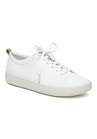 Weißes Leder-Sneaker mit glatter Textur, runden Schnürsenkeln, einer in Gold akzentuierten Fersenschlaufe und einem minimalistischen Design auf einer grauen Gummisohle.
