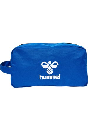 Niebieska prostokątna torba z uchwytem po jednej stronie, z białym logo hummel i tekstem z przodu.