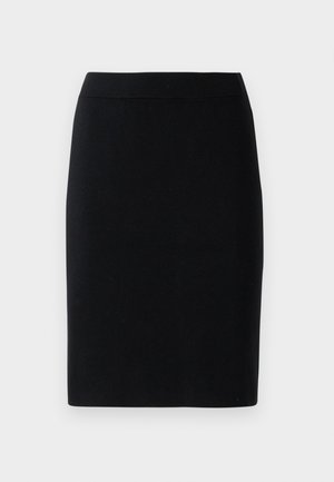 Fustă creion neagră, până la genunchi, cu talie elastică, pe un fundal alb simplu.