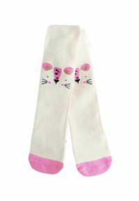 Cremefarbene Socken mit einem Mausgesicht-Design, das pinke Ohren und eine Nase, schwarze Schnurrhaare und pinke Akzente am Bündchen aufweist. Weicher Stoff.