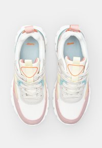 Multicolored sneakers featuring a mesh upper, light gray accents, pastel overlays, textured laces, and a padded tongue with a tab.