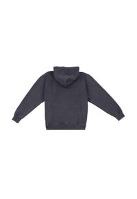 Mørkegrå hættetrøje med kengurupocket, ribbede ærmer og kant, samt snøre i hætten. Stoffet ser blødt og struktureret ud.