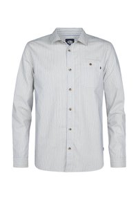 Camicia bianca a maniche lunghe con strisce verticali azzurro chiaro, taschino frontale con bottone e bottoni marroni lungo il centro.