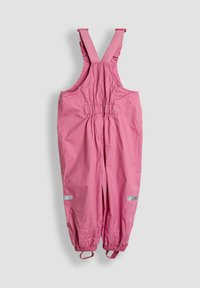 Rosa wasserdichte Latzhose mit verstellbaren Trägern, elastischem Bund und reflektierenden Akzenten an den Beinen. Glatte Textur und taillierte Passform.