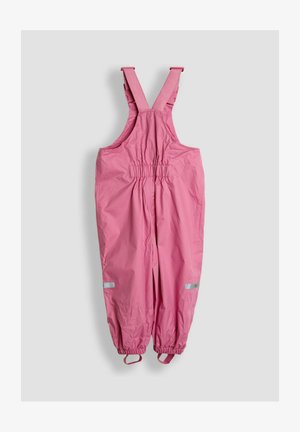 Overoles impermeables rosa con tirantes ajustables, cintura elástica y detalles reflectantes en las piernas. Textura suave y corte entallado.