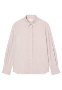Camicetta a maniche lunghe di colore rosa chiaro con apertura a bottoni, colletto a punta e una sottile texture. Caratterizzata da quattro bottoni e un’orlo curvo.
