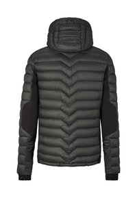 Veste matelassée noire avec capuche, matelassage horizontal et en chevrons, avec tissu noir contrastant sur les manches intérieures et les coudes.
