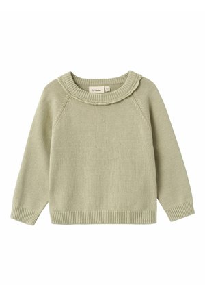 Jasnozielony dziany sweter z prążkowanym okrągłym dekoltem, długimi rękawami i lekko luźnym krojem. Miękka tekstura, casualowy design.