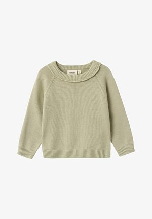 Jasnozielony dziany sweter z prążkowanym okrągłym dekoltem, długimi rękawami i lekko luźnym krojem. Miękka tekstura, casualowy design.