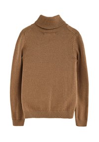 Brauner Rollkragenpullover aus strukturiertem Strickstoff, mit hohem Kragen, gerippten Bündchen und Saum sowie einer glatten Oberfläche.