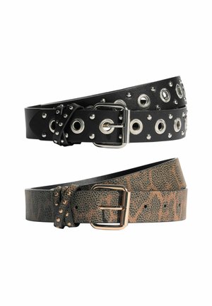 Two belts: the top is black faux leather with metal grommets and a silver buckle; the bottom is brown textured with a gold buckle.