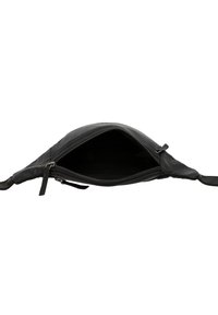 Borsa a tracolla nera in pelle con chiusura a zip. Presenta una texture liscia e un profilo sottile. L'interno è non foderato, offrendo ampia spazio.