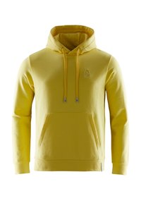 Gul hoodie lavet af bomuld. Har en frontlomme, snoretræk og et lille logo på brystet. Glat tekstur og almindelig pasform.