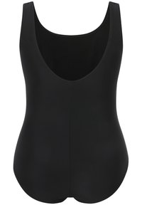 Musta uimapuku, jossa on syvä selkädesign, valmistettu sileästä materiaalista. Sisältää saumattoman rakenteen eikä siinä ole lisäkuvioita tai -koristeita.