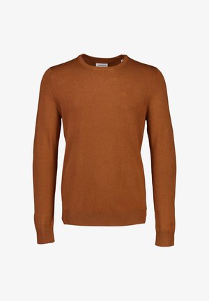 Heren trui met lange mouwen in bruin, ronde hals, met geribbelde boorden aan mouwen en zoom, effen ontwerp en een subtiel logo op de borst.
