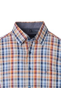 Checkered shirt in blue, orange, and brown tones, featuring a button-down collar, two buttons, and a small logo on the left chest pocket.