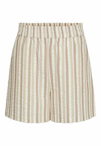 Pantaloni corti a righe con cintura elastica, caratterizzati da bande verticali in crema e marrone chiaro. Texture liscia, design fino al ginocchio.