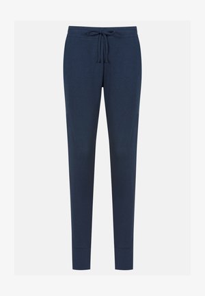 Tmavě modré joggingové kalhoty vyrobené z měkkého materiálu, s elastickým pasem na šňůrku a zúženými nohavicemi pro pohodlné nošení.