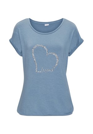 Himmelblaues T-Shirt mit kurzen Ärmeln aus weichem Stoff, das ein silbernes Glitzerherzdesign mit dem Wort "Lapel" darunter zeigt. Rundhals-Ausschnitt.