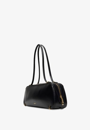 Black leather handbag with gold hardware, rectangular shape, double shoulder straps, and a top zip closure. Smooth texture, minimal detailing.
