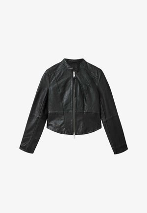 Black cropped leather jacket with front silver zipper, long sleeves, and a stand collar, shown against a white background.