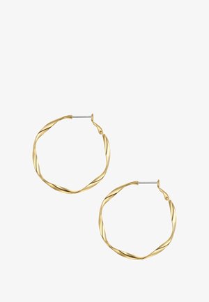 Goldene, verdrehte Creolen mit strukturiertem Design, ausgestattet mit einem sicheren Verschluss und einer kreisförmigen Form. Der glänzende Finish verstärkt die visuelle Attraktivität.