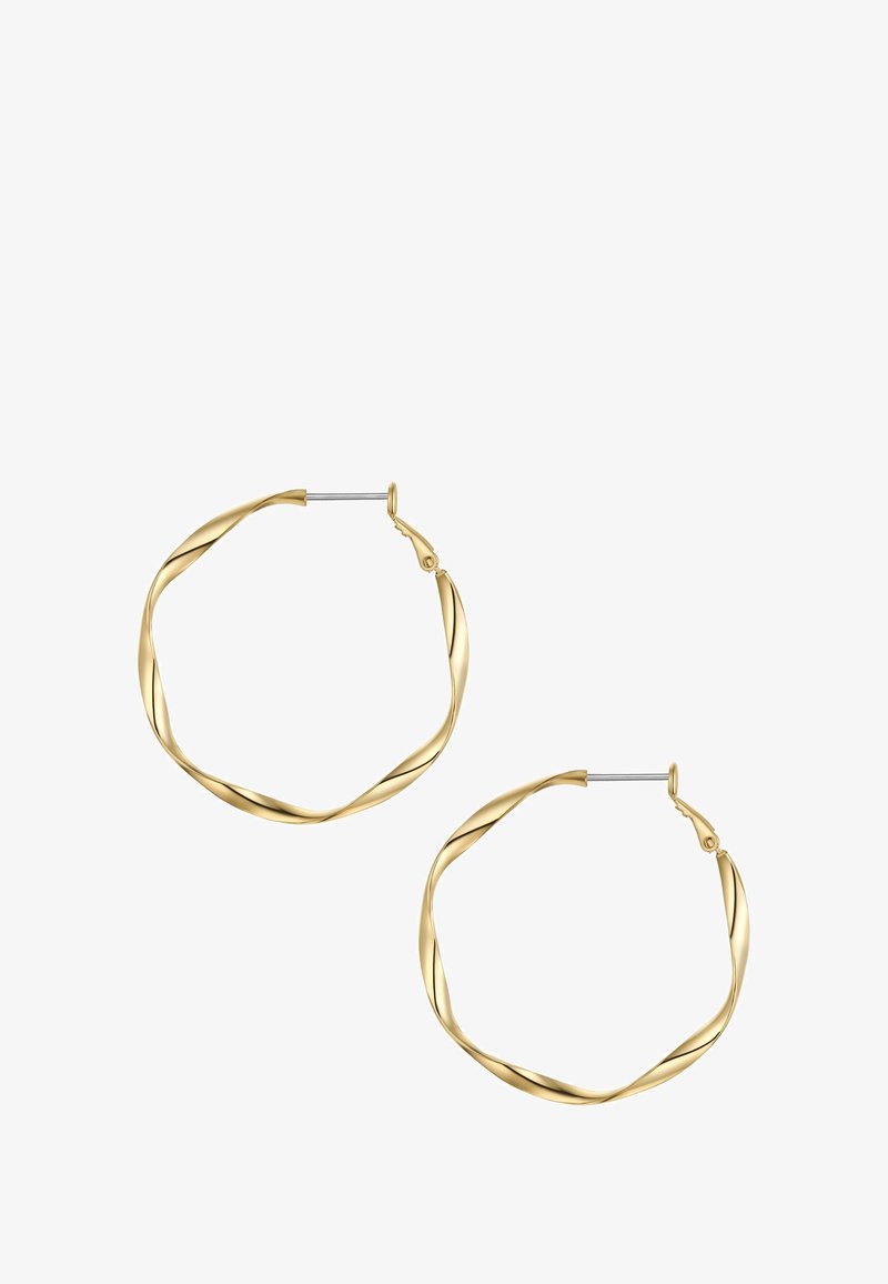 Zlaté skrútené kruhové náušnice s textúrovaným dizajnom, vybavené bezpečným zapínaním a kruhovým tvarom. Lesklý povrch zvýrazňuje vizuálny dojem.