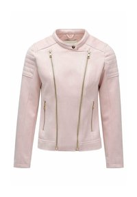 Bleda roza lažna suknja jakna s kviltiranim detaljima na ramenima, dvema dijagonalnim prednjim patentnim zatvaračima i dvama bočnim džepovima s zlatnim akcentima.