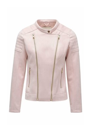 Bleda roza lažna suknja jakna s kviltiranim detaljima na ramenima, dvema dijagonalnim prednjim patentnim zatvaračima i dvama bočnim džepovima s zlatnim akcentima.