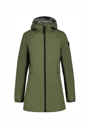 Olive green hooded women's jacket with front zipper, zippered side pockets, long sleeves, and a black circular patch on the upper left arm.