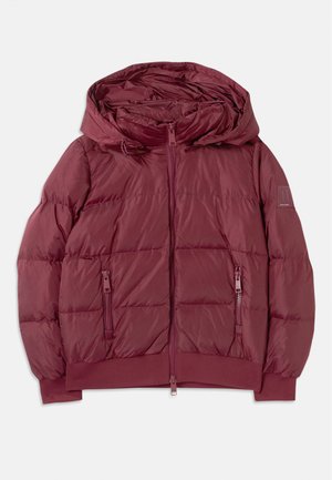 Bordowa kurtka puchowa z kapturem, zapinana na zamek z przodu, z dwiema bocznymi kieszeniami na zamek. Posiada pikowaną fakturę i prążkowane mankiety na dole.