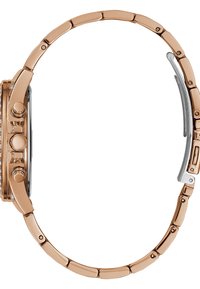 Rosegold Metalluhr mit rundem Ziffernblatt. Verfügt über zwei Krone-Tasten an der Seite, eine polierte Oberfläche und ein Gliederarmband-Design.