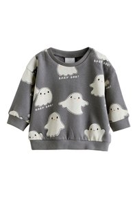 Hall hall puuvillane pusa, mis on kaunistatud valgete kummituse mustritega, millel on naeratavad näod ja tekst "BABY BOO!". Laigulised varrukaservad ja alaäär. Klassikalise ümmarguse kaelusega disain.