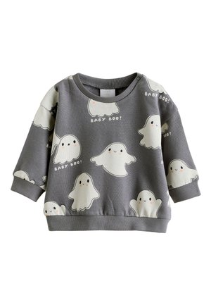 Hall hall puuvillane pusa, mis on kaunistatud valgete kummituse mustritega, millel on naeratavad näod ja tekst "BABY BOO!". Laigulised varrukaservad ja alaäär. Klassikalise ümmarguse kaelusega disain.