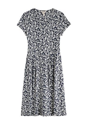 Floral dress with a navy background, white leaf and flower patterns, short sleeves, fitted bodice, and a flared skirt. Cotton fabric.