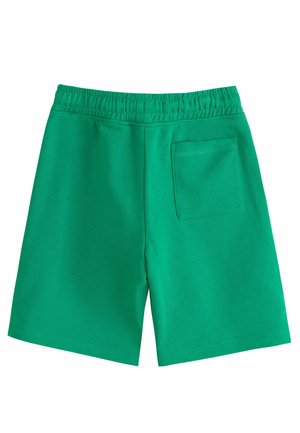 Pantaloni corti in cotone verde con cintura elastica, dotati di una tasca posteriore e una texture liscia. Design di lunghezza media fino alla coscia.