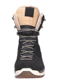 Zwarte waterdichte boot met een zachte, tan fleece voering, gestructureerde zwarte veters en een stevige rubberen zool met grip.