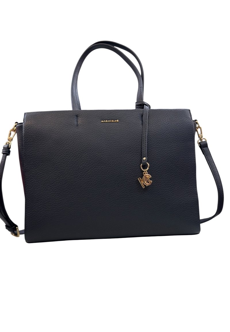 Borsa a mano in pelle nera con design strutturato, due manici superiori, tracolla rimovibile, hardware dorato e dettaglio charm con logo.
