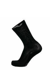 Calza sportiva nera con una texture a coste e un logo bianco sul bordo. Il design è di lunghezza media fino al polpaccio, con aree rinforzate sulla punta e sul tallone.