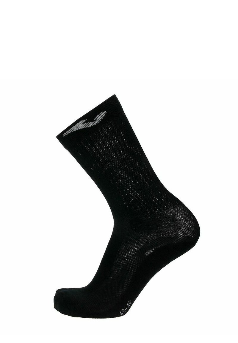 Calza sportiva nera con una texture a coste e un logo bianco sul bordo. Il design è di lunghezza media fino al polpaccio, con aree rinforzate sulla punta e sul tallone.