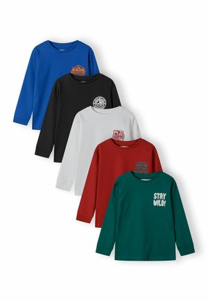 Five long-sleeve children's shirts in blue, black, white, red, and green with outdoor-themed text and graphics on the chest.