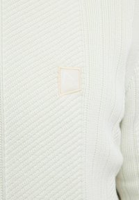  Lichtgroene gebreide trui met een getextureerd diagonale patroon en een kleine beige label met een geborduurd logo.