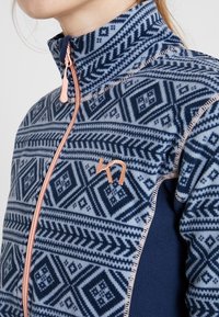 Niebieska polarowa kurtka z geometrycznymi wzorami, wysoki kołnierz i różowy zamek błyskawiczny. Posiada granatowy panel boczny oraz różowe logo na piersi.