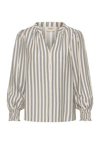 Blouse à manches longues rayée avec un col en V, composée d'un tissu léger aux tons crème et bleu foncé, avec des manches bouffantes froncées et des poignets élastiques.